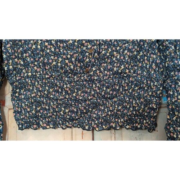 Gypsies & Moondust Womens Large Floral Crop Top Smocked Green Blouse Long Sleeve - Picture 6 of 10